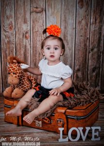 dziewczynka na walizce z żyrafą